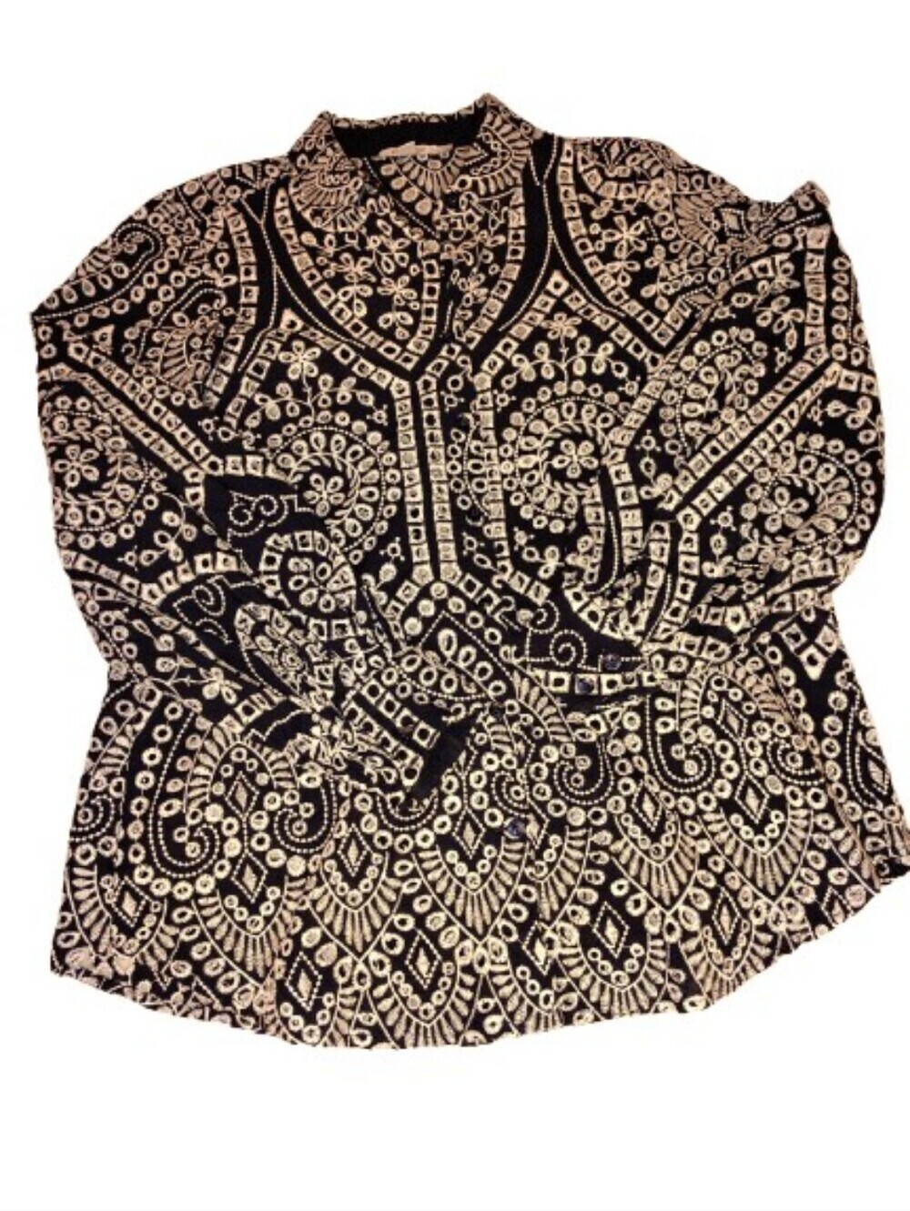 Chico's Navy Blue Embroidered Eyelet Button Down Blouse Size 1 / US 8 Boho